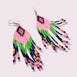 Pink color Beaded drop earrings pink hand made POW WOW